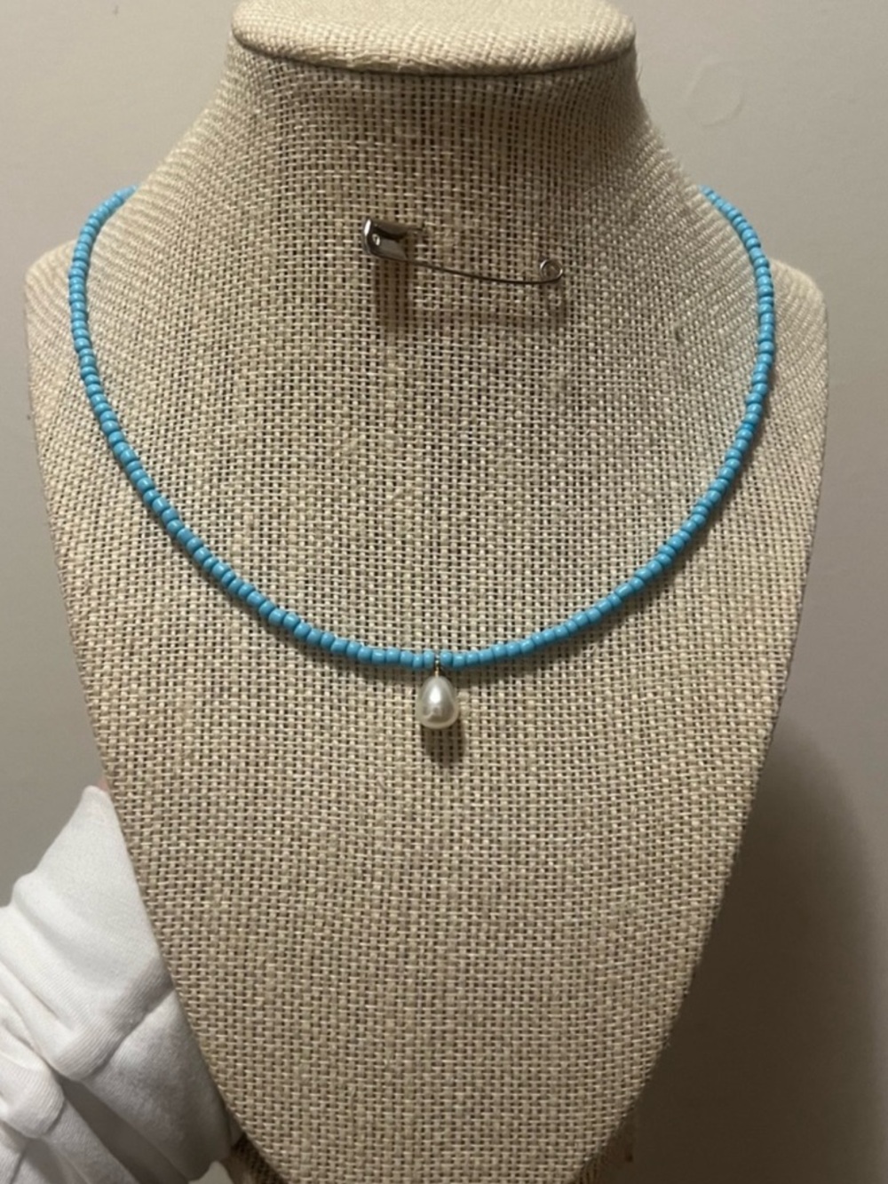 #111. Handmade Blue Necklace with Pearl Drop